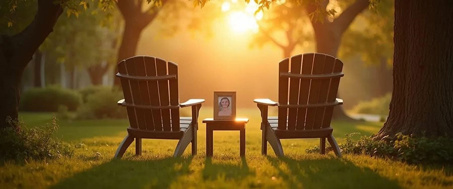 Empty chairs in lawn with a picture on the table in between